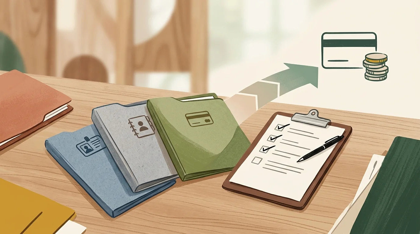Illustration av betalningskontroll, identitetshandlingar och ett tydligt uttagsflöde
